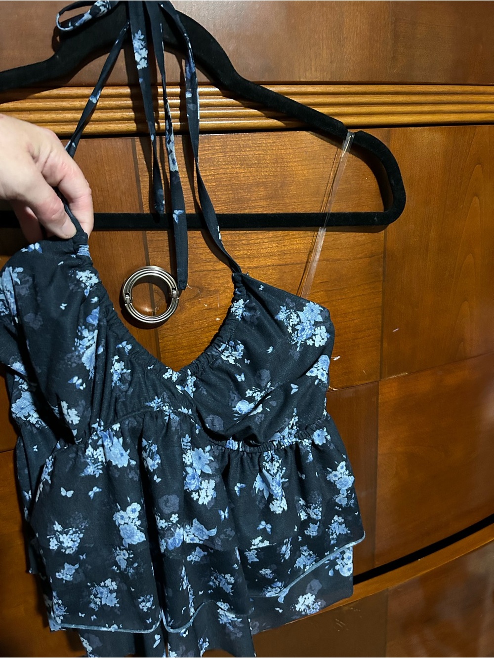 Women’s Dark Blue Floral Halter Shirt with Blue Print